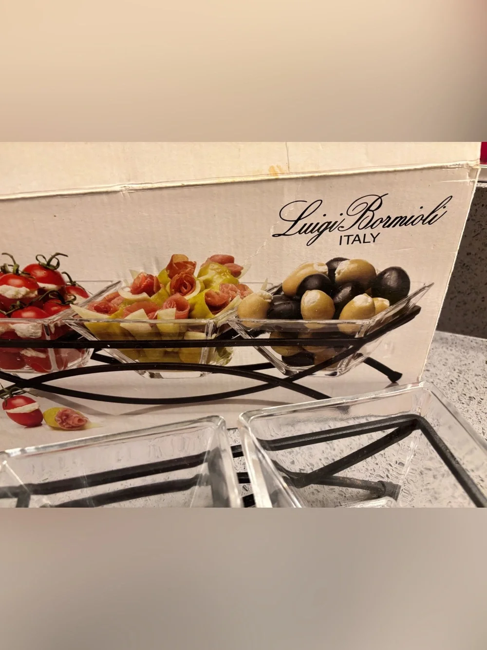 Bormioli Luigi Bormioli Italy iron stand with serving dishes.